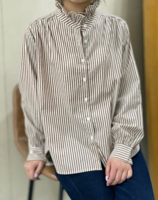 Firle Stripe Blouse with High Scalloped Collar - Blue, Burgundy, Chocolate, Khaki