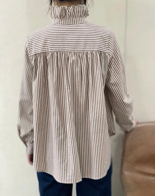 Firle Stripe Blouse with High Scalloped Collar - Blue, Burgundy, Chocolate, Khaki
