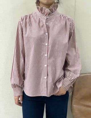 Firle Stripe Blouse with High Scalloped Collar - Blue, Burgundy, Chocolate, Khaki