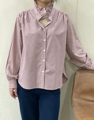 Firle Stripe Blouse with High Scalloped Collar - Blue, Burgundy, Chocolate, Khaki