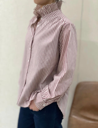 Firle Stripe Blouse with High Scalloped Collar - Blue, Burgundy, Chocolate, Khaki