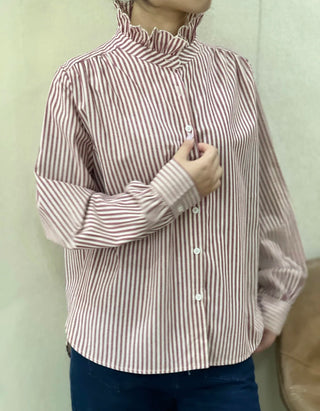 Firle Stripe Blouse with High Scalloped Collar - Blue, Burgundy, Chocolate, Khaki
