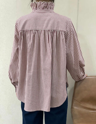 Firle Stripe Blouse with High Scalloped Collar - Blue, Burgundy, Chocolate, Khaki