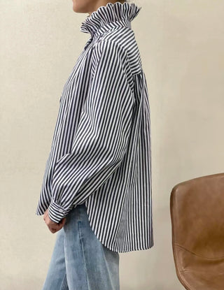 Firle Stripe Blouse with High Scalloped Collar - Blue, Burgundy, Chocolate, Khaki