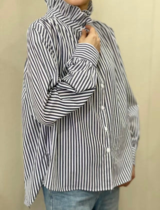 Firle Stripe Blouse with High Scalloped Collar - Blue, Burgundy, Chocolate, Khaki