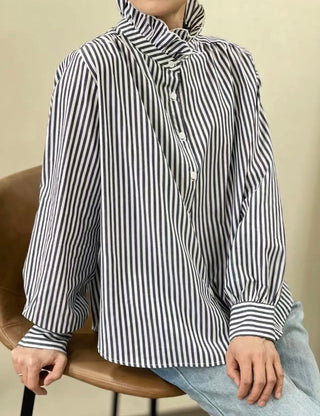 Firle Stripe Blouse with High Scalloped Collar - Blue, Burgundy, Chocolate, Khaki