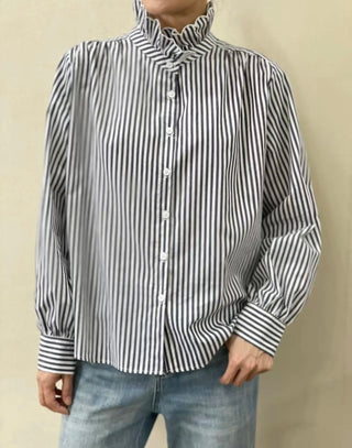 Firle Stripe Blouse with High Scalloped Collar - Blue, Burgundy, Chocolate, Khaki