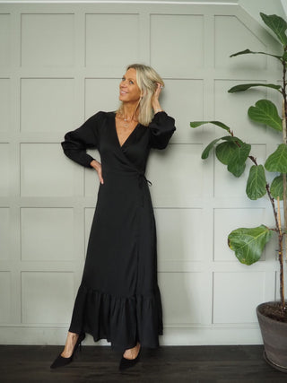 Ioana Maxi Wrap Dress with Ruffle Tier on Hem, Long Length by Soaked - Black