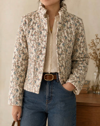 Fairlight Floral Cotton Jacket with Pleated Collar - Ecru/Blue/Green/Red Floral