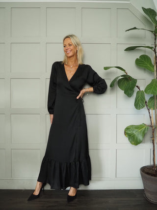 Ioana Maxi Wrap Dress with Ruffle Tier on Hem, Long Length by Soaked - Black