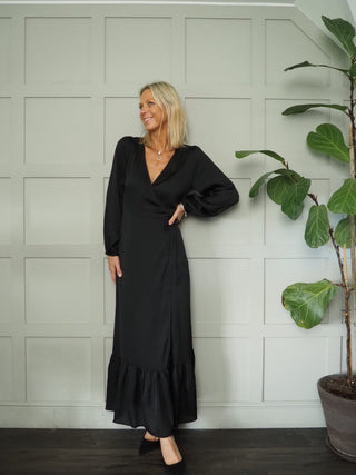 Ioana Maxi Wrap Dress with Ruffle Tier on Hem, Long Length by Soaked - Black