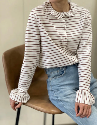 Lymington Stripe T Shirt Style Blouse - Coffee/Off White