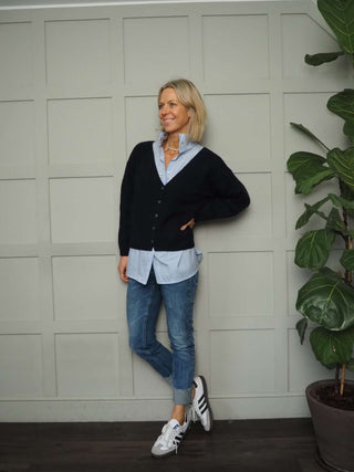 Oslo Cashmere Mix, V-Neck Cardigan - Black, Ivory and Navy Blue