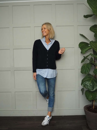 Oslo Cashmere Mix, V-Neck Cardigan - Black, Ivory and Navy Blue