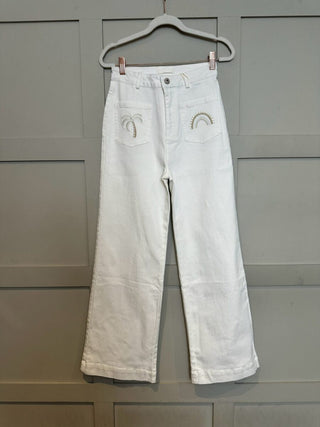 Sunshine Boot Cut Jeans with Embroidery Detail - Ecru