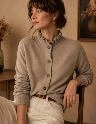 Penny Cardigan with Pleated Collar - Chocolate, Khaki, Taupe