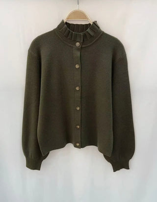 Penny Cardigan with Pleated Collar - Chocolate, Khaki, Taupe