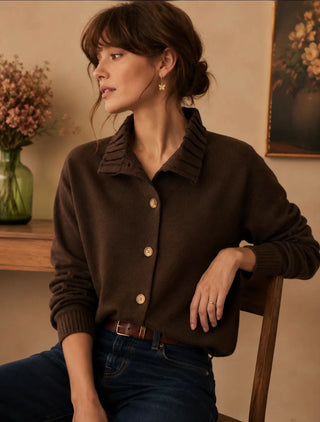 Penny Cardigan with Pleated Collar - Chocolate, Khaki, Taupe