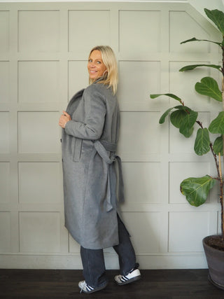 Chanelo Wool Mix Single Breasted Longline Coat, with Belt &amp; Lapel Collar, Lined by B Young - Grey