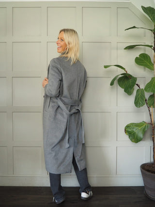 Chanelo Wool Mix Single Breasted Longline Coat, with Belt &amp; Lapel Collar, Lined by B Young - Grey