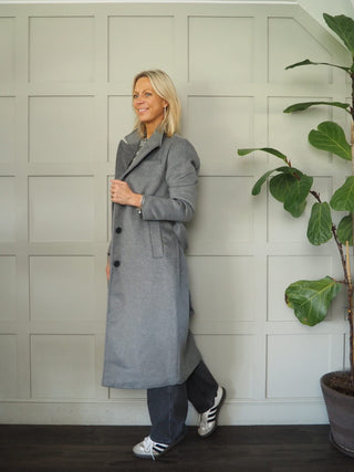Chanelo Wool Mix Single Breasted Longline Coat, with Belt &amp; Lapel Collar, Lined by B Young - Grey