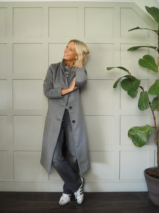 Chanelo Wool Mix Single Breasted Longline Coat, with Belt &amp; Lapel Collar, Lined by B Young - Grey
