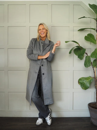 Chanelo Wool Mix Single Breasted Longline Coat, with Belt &amp; Lapel Collar, Lined by B Young - Grey