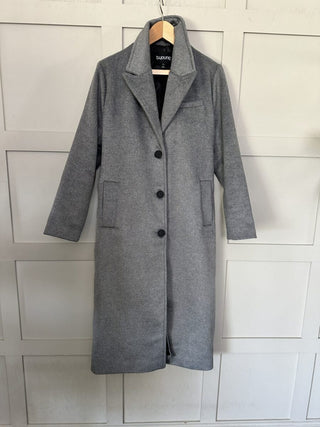 Chanelo Wool Mix Single Breasted Longline Coat, with Belt &amp; Lapel Collar, Lined by B Young - Grey