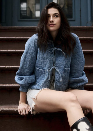 Heidi Short Quilted Denim Jacket, Frill Collar, Tie Fastening by Seventy Mochi - Black, Indigo Rinse, Olive and Rodeo Vintage