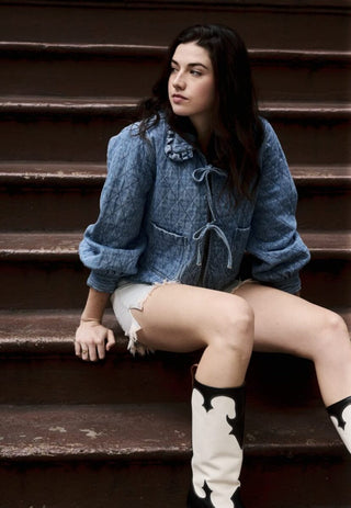 Heidi Short Quilted Denim Jacket, Frill Collar, Tie Fastening by Seventy Mochi - Black, Indigo Rinse, Olive and Rodeo Vintage