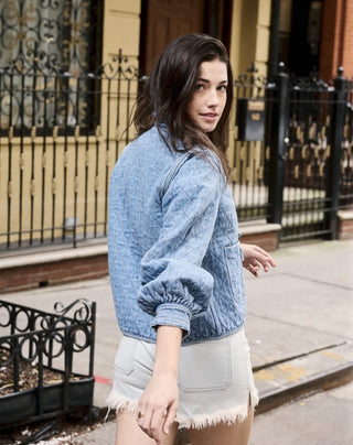 Heidi Short Quilted Denim Jacket, Frill Collar, Tie Fastening by Seventy Mochi - Black, Indigo Rinse, Olive and Rodeo Vintage