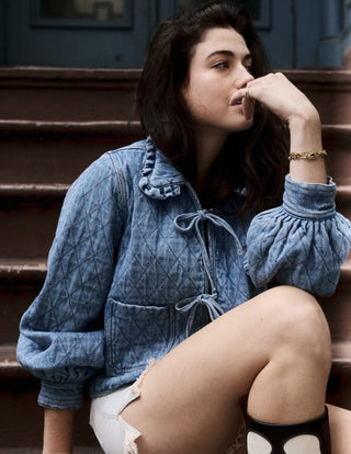 Heidi Short Quilted Denim Jacket, Frill Collar, Tie Fastening by Seventy Mochi - Black, Indigo Rinse, Olive and Rodeo Vintage