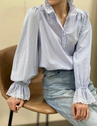 Storen Stripe Blouse with Broderie Anglaise Details - Blue/White