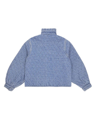 Heidi Short Quilted Denim Jacket, Frill Collar, Tie Fastening by Seventy Mochi - Black, Indigo Rinse, Olive and Rodeo Vintage