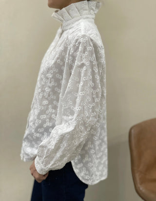 Limden Blouse with Embroidered Flowers and High Pleated Collar - Off White