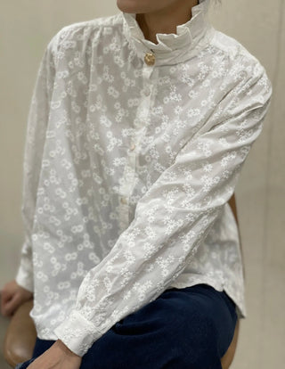Limden Blouse with Embroidered Flowers and High Pleated Collar - Off White
