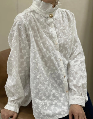 Limden Blouse with Embroidered Flowers and High Pleated Collar - Off White