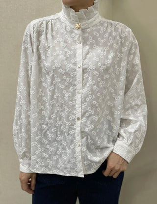 Limden Blouse with Embroidered Flowers and High Pleated Collar - Off White
