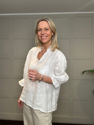 Antibes Linen Blouse with Cropped Sleeves - Baby Blue, Navy Blue, Off White, Pale Pink