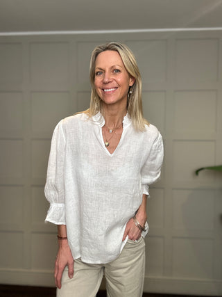 Antibes Linen Blouse with Cropped Sleeves - Baby Blue, Navy Blue, Off White, Pale Pink