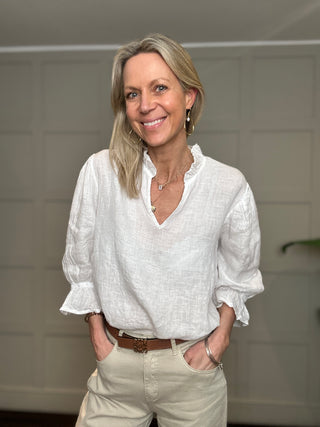 Antibes Linen Blouse with Cropped Sleeves - Baby Blue, Navy Blue, Off White, Pale Pink