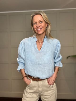 Antibes Linen Blouse with Cropped Sleeves - Baby Blue, Navy Blue, Off White, Pale Pink