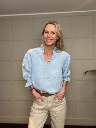 Antibes Linen Blouse with Cropped Sleeves - Baby Blue, Navy Blue, Off White, Pale Pink