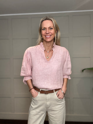 Antibes Linen Blouse with Cropped Sleeves - Baby Blue, Navy Blue, Off White, Pale Pink