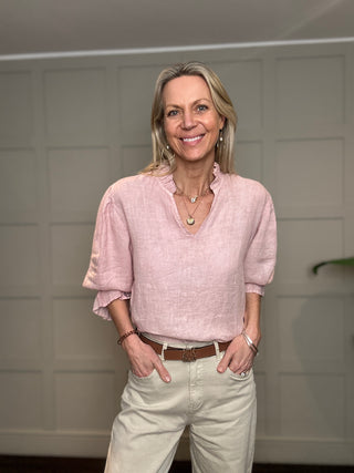 Antibes Linen Blouse with Cropped Sleeves - Baby Blue, Navy Blue, Off White, Pale Pink