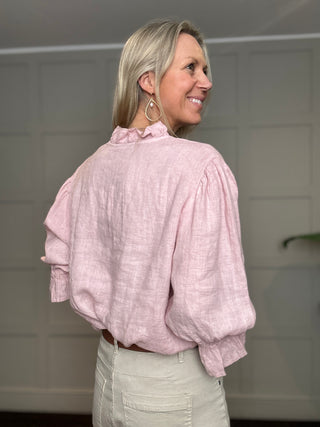Antibes Linen Blouse with Cropped Sleeves - Baby Blue, Navy Blue, Off White, Pale Pink