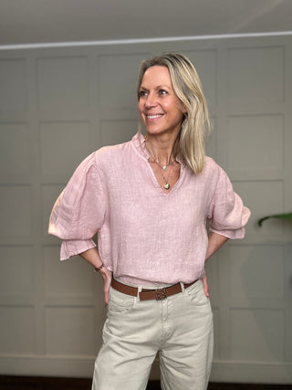 Antibes Linen Blouse with Cropped Sleeves - Baby Blue, Navy Blue, Off White, Pale Pink
