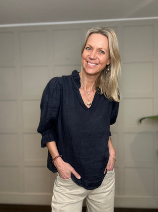 Antibes Linen Blouse with Cropped Sleeves - Baby Blue, Navy Blue, Off White, Pale Pink