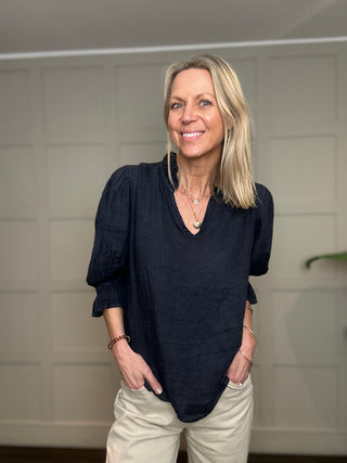 Antibes Linen Blouse with Cropped Sleeves - Baby Blue, Navy Blue, Off White, Pale Pink