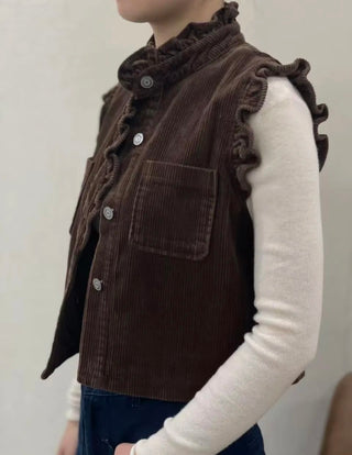 Clem Corduroy Waistcoat with Frill Details - Chocolate